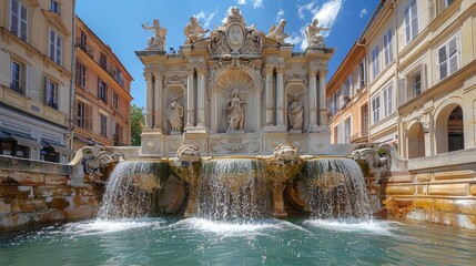 Magnificent view of the Rotonde Fountain adorned with intricate sculptures and gushing waterfalls, set against charming old town buildings under a clear blue sky. - 786015393