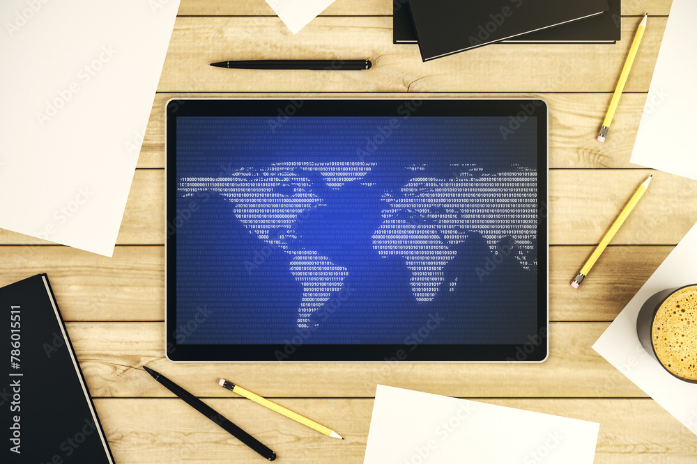 Leinwandbilder abstract graphic world map on modern digital tablet screen, connection and communication concept. to