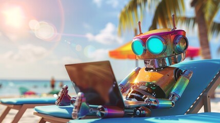 cute  robot working on beach background with copy space