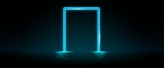 Blue neon door frame with sparkles and reflections on water surface. Realistic 3d vector illustration of magic glowing portal with smoke and glitter. Futuristic mystery rectangle luminous border.