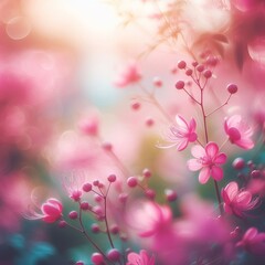 Fototapeta premium Spring landscape with blooming wild flowers,sunlight and blue sky,Generative Ai