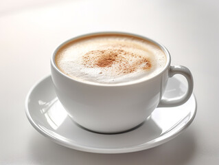 Obraz premium White cappuccino cup on white background with whipped milk pattern.