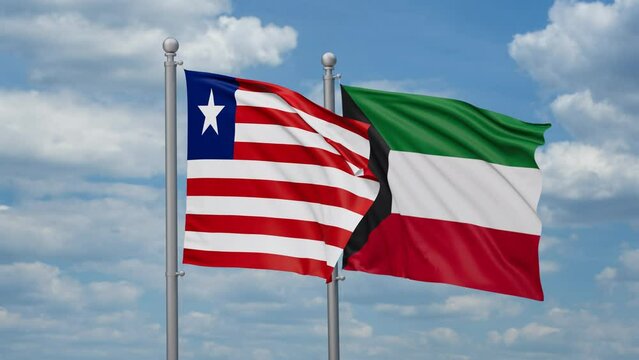 Kuwait and Liberia two flags waving together, looped video, two country cooperation concept