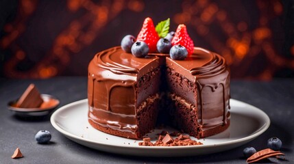 A decadent Chocolate cake with fresh berries, black berries, raspberries, chocolate pastry cake on...