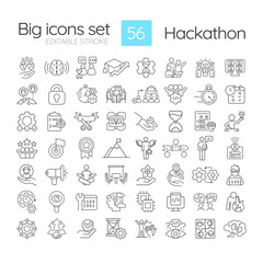 Hackathon linear icons set. Event for developers and programmrs. Tech solutions. Team competition. Customizable thin line symbols. Isolated vector outline illustrations. Editable stroke