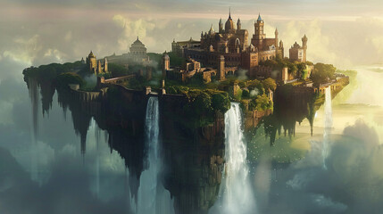 Floating city. waterfall. fantasy. fantasy scenary.