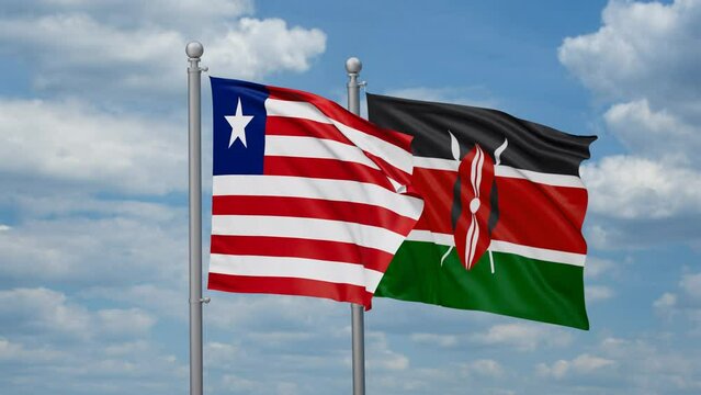Kenya and Liberia two flags waving together, looped video, two country relations concept
