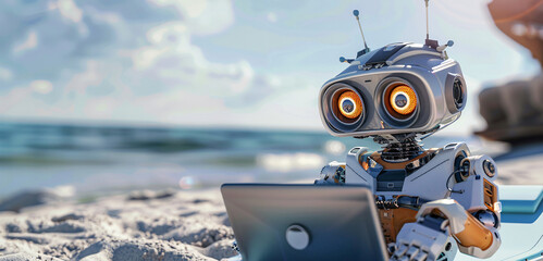 cute  robot working on beach background with copy space - obrazy, fototapety, plakaty