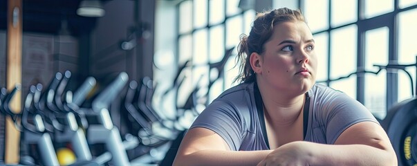 Overweight woman in a pink top trains on a treadmill in a well-equipped gym, focused on her workout. - obrazy, fototapety, plakaty