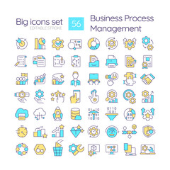 Business processes management RGB color icons set. Administration resources, customer service. Isolated vector illustrations. Simple filled line drawings collection. Editable stroke