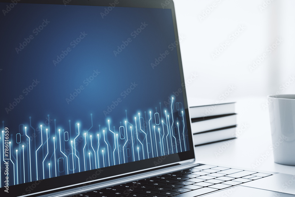 Fototapete Creative concept of microscheme illustration on modern laptop screen. Big data and database concept. 3D Rendering