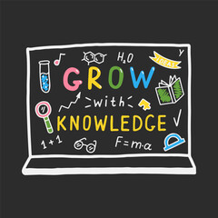 Colorful Chalk Illustrations on a Blackboard Representing Growth Through Knowledge With Scientific and Educational Symbols