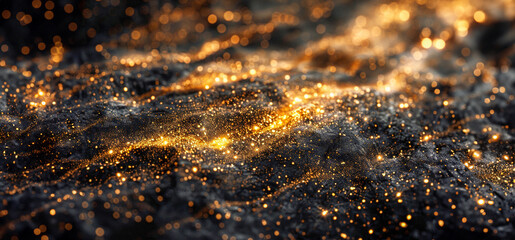 A black and gold background with a lot of sparkles
