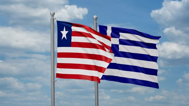 Greece and Liberia two flags waving together, looped video, two country relations concept