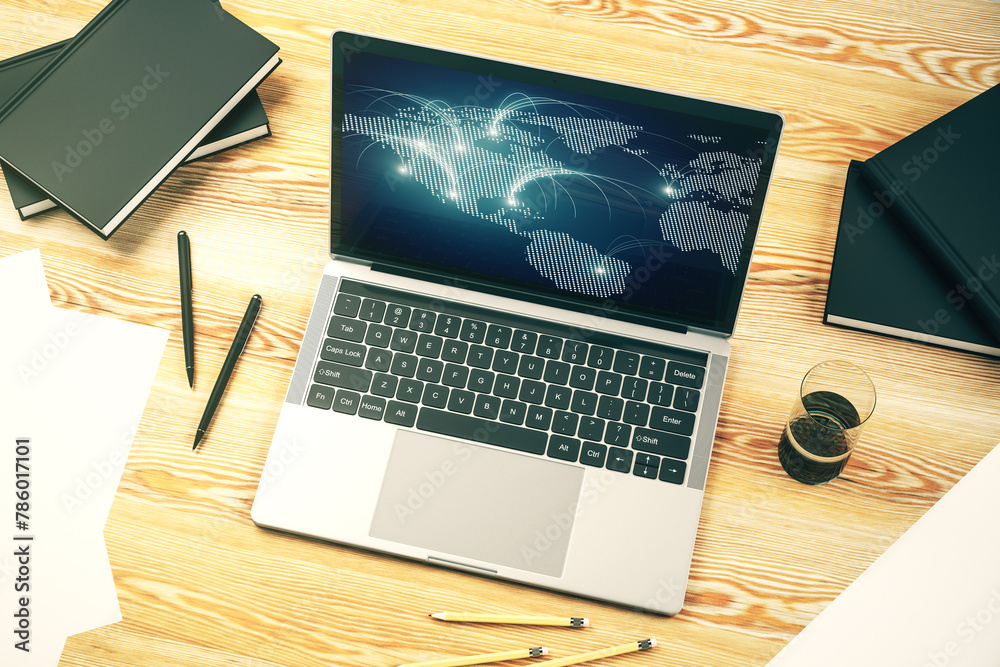 Aufkleber Modern computer monitor with abstract digital world map with connections, research and strategy concept. 3D Rendering