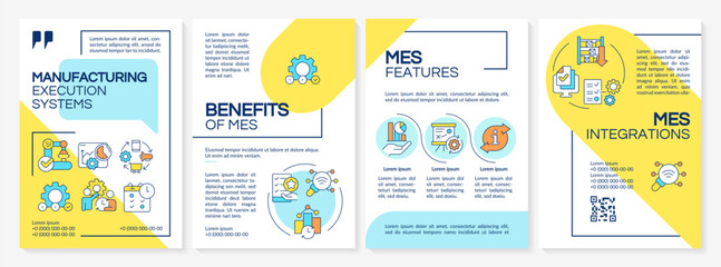 MES organization blue and yellow brochure template. Leaflet design with linear icons. Editable 4 vector layouts for presentation, annual reports. Questrial, Lato-Regular fonts used