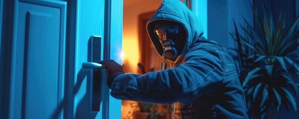 detailed view of a hooded burglar in the act of breaking into a house, with focus on the hands picking a lock - obrazy, fototapety, plakaty