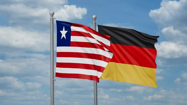 Germany and Liberia two flags waving together, looped video, two country relations concept