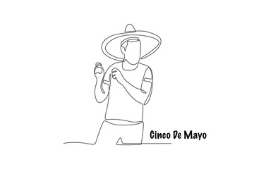 Happy man wearing sombrero hat while dancing. Cinco de mayo concept one-line drawing