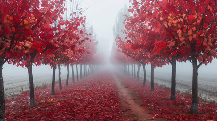 Foggy rows of tree in Autumn