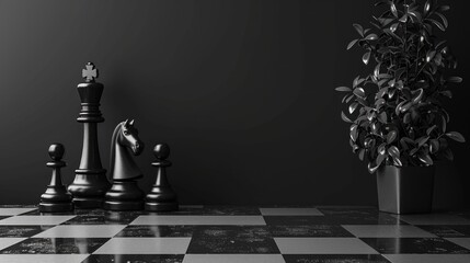 A black and white chess set displayed in a classic arrangement. The contrasting colors of the...