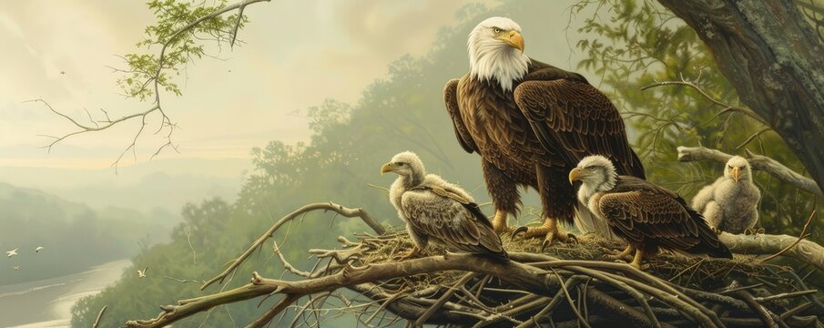 eagle family perches majestically on a nest in a lush, serene forest setting, depicting wildlife's nurturing aspect