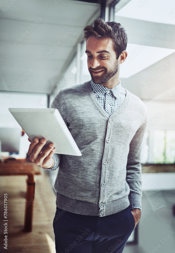 Poster research, smile and tablet with business man in office for information, planning or reading online. 