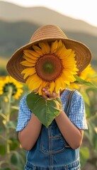 Obraz premium Young child peeking behind sunflower in vibrant summer field with space for text