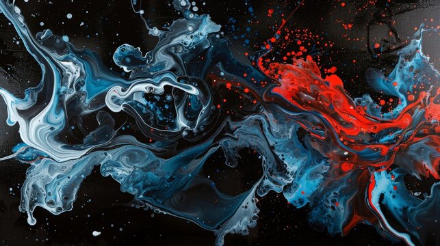 a world of artistic expression with acrylic blue and red colors swirling and intertwining in water, forming captivating ink blots and abstract designs against a velvety black canvas