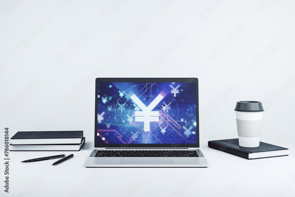 Aufkleber creative japanese yen symbol illustration on modern computer monitor, forex and currency concept. 3d