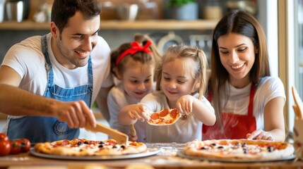 Excited family enjoying the process of making homemade pizzas at home