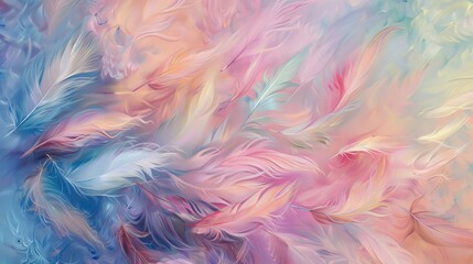 Dive into a world of soft pastel hues as feathers weave together to create an enchanting abstract background, their delicate beauty immortalized in high-definition detail - obrazy, fototapety, plakaty