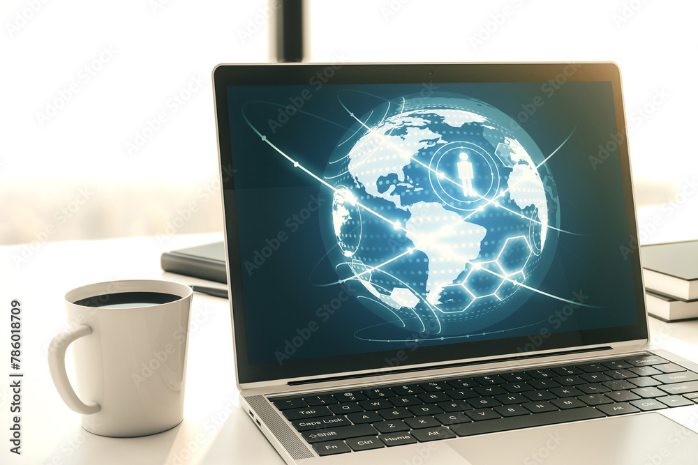 Poster Social network media concept with world map on modern computer monitor. 3D Rendering