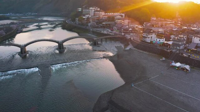 Iwakuni Kintaikyo Bridge, Aerial View at Sunrise 4k