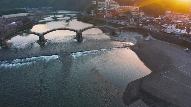 Aerial View Kintai Bridge at Sunrise in Iwakuni, Yamaguchi Prefecture Japan
