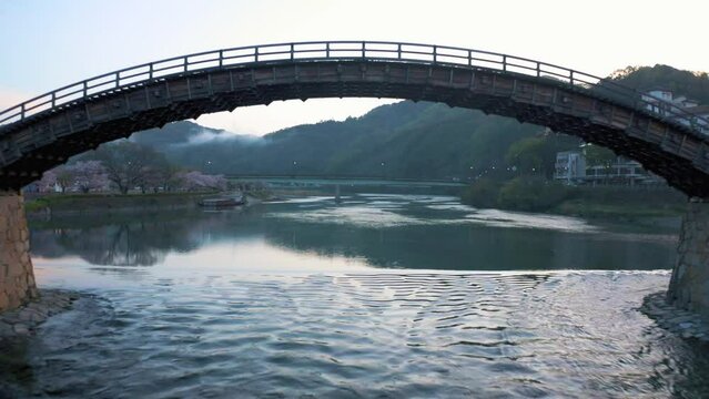 Kintaikyo Bridge in Iwakuni, Push Establishing Shot at Sunrise in Spring