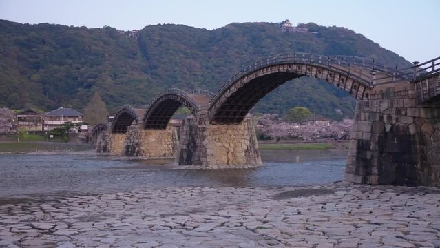 Iwakuni Kintai-Kyo Bridge, Early Spring Morning Slow Motion Pan, Japan
