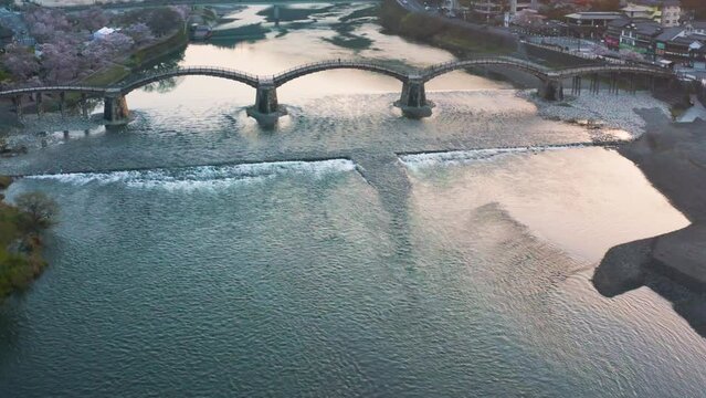 Kintai Bridge at Sunrise in Spring, Aerial Pullback Shot 4k