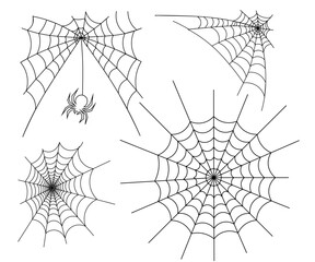 Spider Web Collection Vector isolated in black background with Spider Cobweb filaments. Scarry spooky spiderweb Overlay Motion Graphic.	