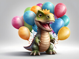 Fototapeta premium 3d Watercolor illustration of cute dinosaur cartoon with colorful balloons. Greeting birthday card, poster, banner for children. White background, copy space.