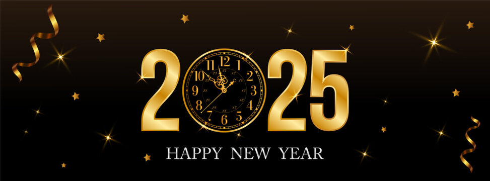 2025 Happy new year with Golden and Silver Texture Numbers, clock and light.