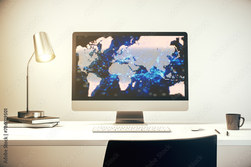 Aufkleber Modern computer screen with abstract creative digital world map, research and analytics concept. 3D Rendering