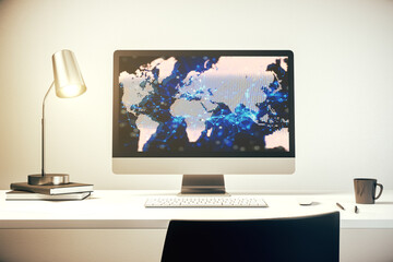 Modern computer screen with abstract creative digital world map, research and analytics concept. 3D Rendering