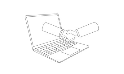 Drawing line of Handshake in laptop, concept of online deal, digital contract agreement. Drawing line style.	
