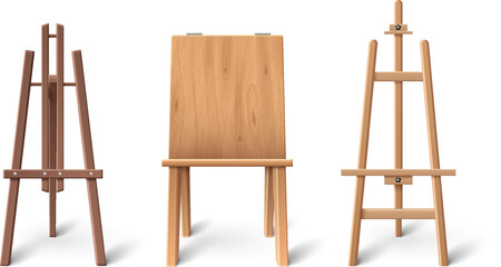 Wooden easel mockup. Realistic 3d vector illustration set of empty tripod stand for canvas or chalkboard with brown wood texture. Front view on painter frame tool. Artist equipment or painting display - obrazy, fototapety, plakaty