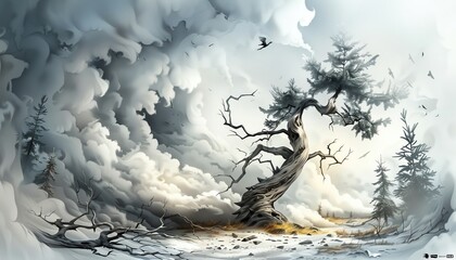 Engage viewers in a psychological horror experience with a tilted perspective of a sinister forest, where twisted trees and fog create a sense of foreboding, painting in an impressionistic style that