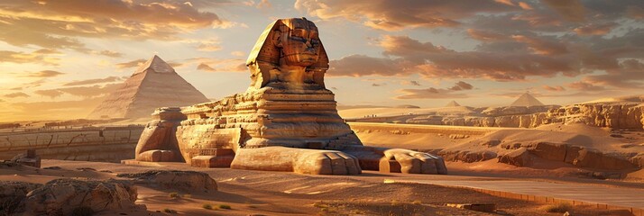 The iconic Great Sphinx by the majestic Pyramids of Egypt, standing sentinel in the sands of the Giza desert