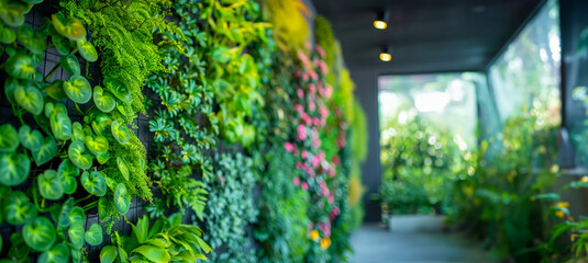 A wall of plants is growing in a hallway
