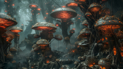 A fantasy battlefield with lethal mushrooms used as natural traps, glowing red poisionious mushroom - obrazy, fototapety, plakaty
