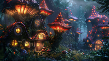 Fototapeta na wymiar Fry houses in fantasy forest with glowing mushrooms. 